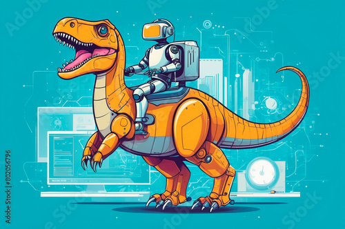 Artificial intelligence robot riding a dinosaur, in the world of digital computers, in vector style