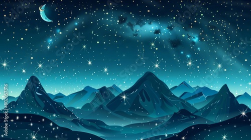 This modern illustration depicts a beautiful universe panorama in dark skies with shiny stars and planets in a landscape with moon, stars, and Milky Way.