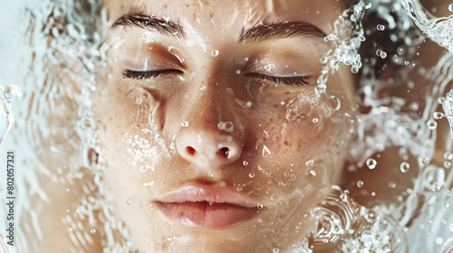 Aesthetic young woman face with closed eyes and splashing water  moisturizing concept  beauty advertising. Generative AI