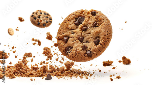 Pile cake crumbs  cookie flying isolated on white