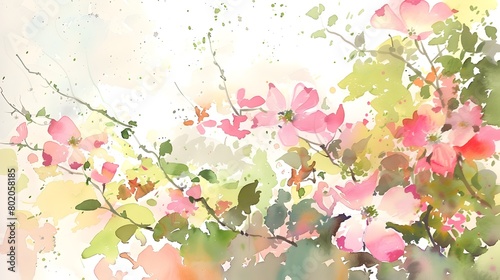 Vibrant Abstract Expressionist Watercolor of Blooming Dogwood Flowers in Pink and Green