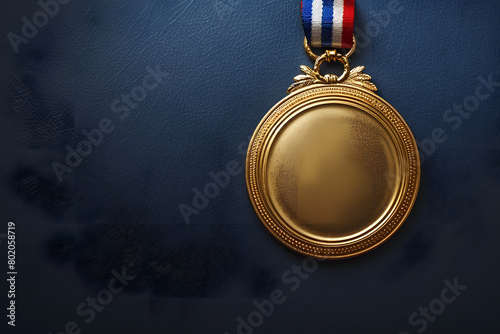 A gleaming gold medal with a blank center for customization, the ribbon adorned with blue, white, and red stripes to represent the French flag, set against an elegant deep blue studio background 
