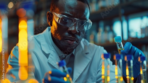 Wallpaper Mural A researcher holding testing tubes containing potential vaccines, contributing to the global fight against infectious diseases in a lab environment. Torontodigital.ca