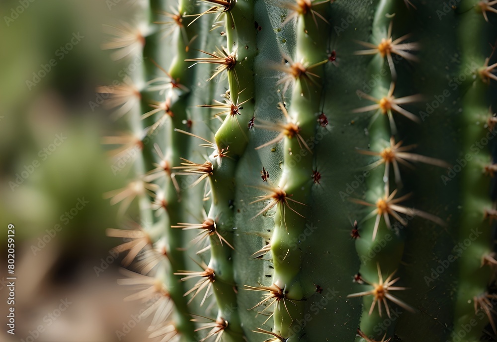 A close-up view of a cactus spine, its sharp needle-like point contrasting against the soft, green flesh of the cactus, generative AI A close-up view of a cactus spine, its sharp needle-like point contrasting against the soft, green flesh of the cactus, generative AI