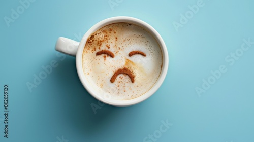 Coffee cup with sad face drawn on coffee milk foam. Top view to mug with coffee on blue background. Blue Monday, hard morning, difficult day, negative emotions, loneliness, loss, problem, difficulties photo