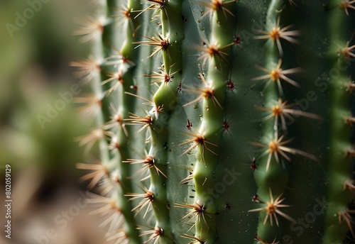 A close-up view of a cactus spine  its sharp needle-like point contrasting against the soft  green flesh of the cactus  generative AI