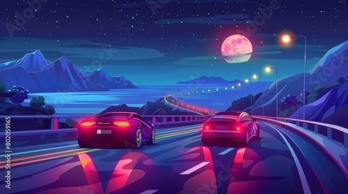 Various cars with fences, signs, ocean view and full moon on an asphalted highway at night. Illustration of cars on an asphalted highway at night.