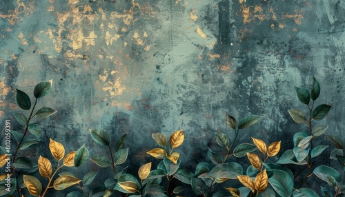 A retro, nostalgic, golden brushstroked background on canvas. Oil on canvas. Modern Art. Floral leaves, green, gray, poster, card, mural, rug, hanging, print. © DruZhi Art