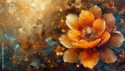 Fototapeta Naklejka Na Ścianę i Meble -  Oil paintings of abstract flowers and leaves. Sprinkled paint on smooth paper, giving the paper a golden texture. Prints, wallpapers, posters, cards, murals, rugs, hangings, wall art, posters.