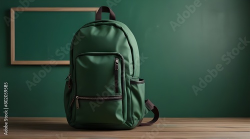 School bag on green classroom board background, teaching media concept.generative.ai photo