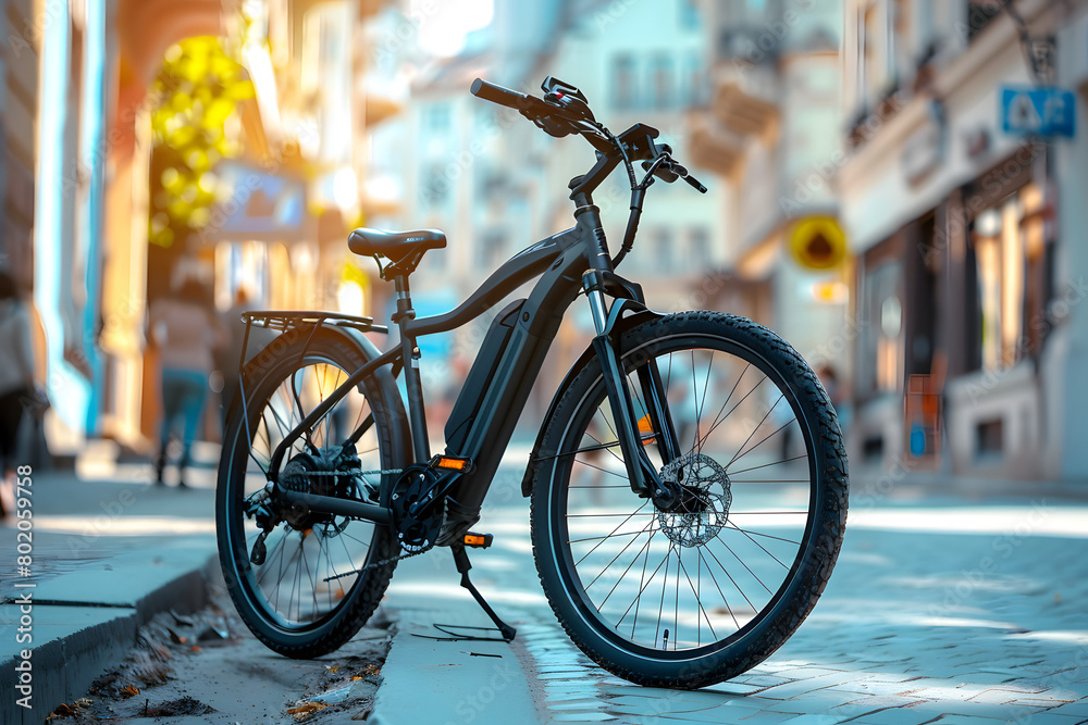 A modern e-bike on a city street, illustrating urban eco-friendly transportation, set against a clean mobility sky blue background