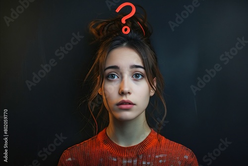 A woman with red hair and a red sweater is looking at the camera with a question mark on her head photo