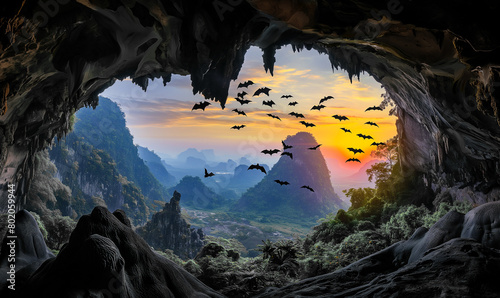 AI generated illustration of bats in flight near a cave photo