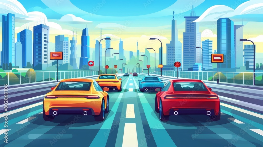 Cartoon modern of cars driving along asphalted road with fencing, signs, lamps on a cityscape background with skyscraper buildings.