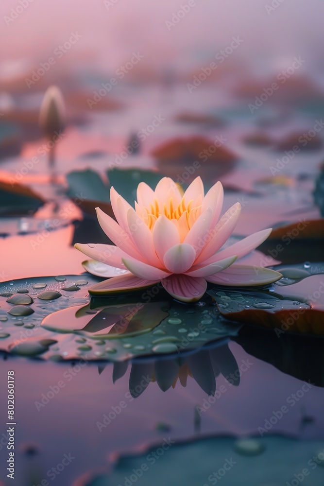 vertical image beautiful pink lotus flowers on the water surface, on sunrise or sunset background