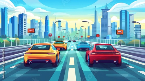 Cartoon modern of cars driving along asphalted road with fencing  signs  lamps on a cityscape background with skyscraper buildings.