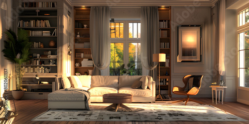 3d rendering luxury modern living room and dining room with sofas, 3d rendering of modern cozy house 