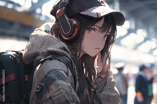 illustration in anime style a young woman with black hair in big headphones at the train station