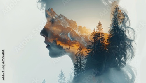 Double exposure combines a woman's face, high mountains and forest. Panoramic view. The concept of the unity of nature and man. Dream, reminisce or plan a climb. Memory of a mountaineer. Illustration. photo