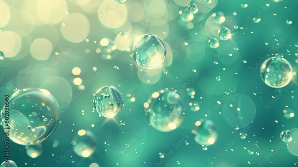 Rain drops with light reflection on green background. Abstract wet texture, blobs of pure aqua on a horizontal background. Realistic 3D modern image.