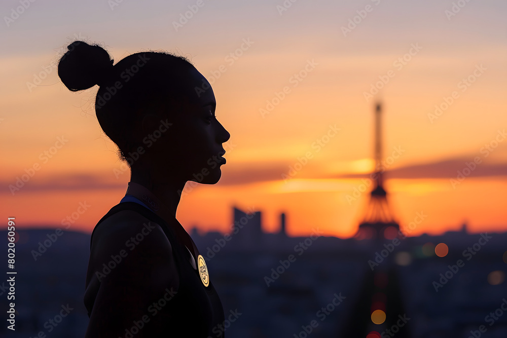 Fototapeta premium Dramatic silhouette of a gymnast with an Olympic medal hanging around their neck, standing before the Parisian skyline at dusk