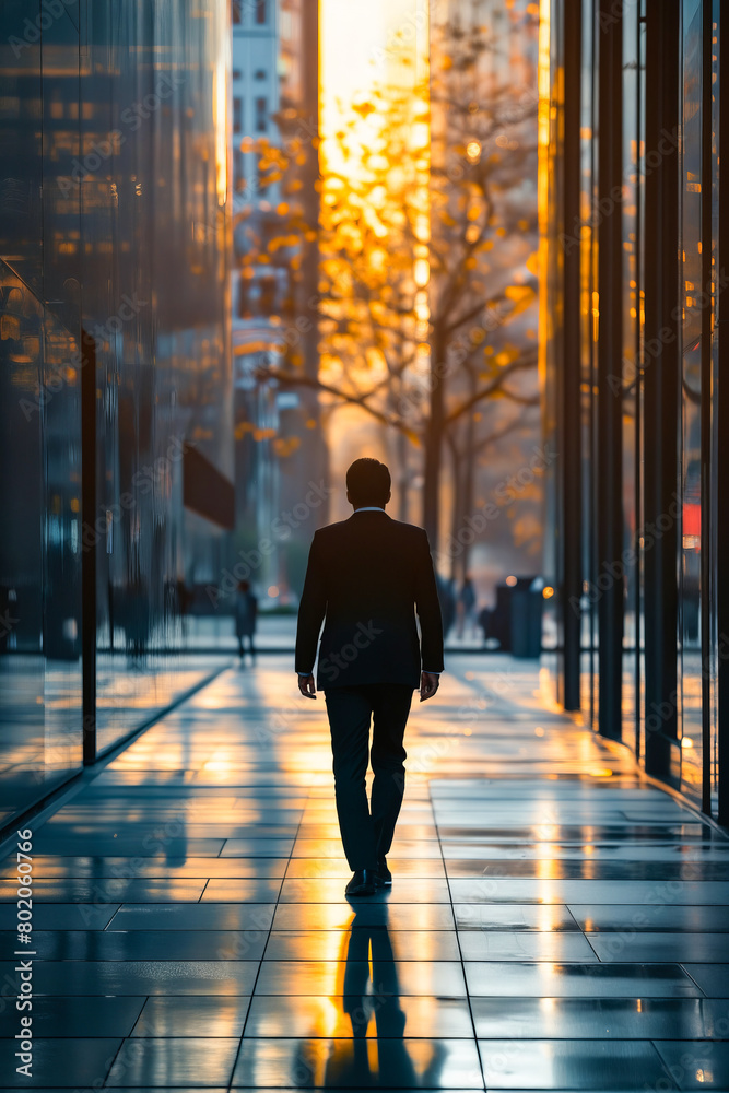 A man walks down a city street at sunset. The man is wearing a suit and he is in a hurry. The street is empty, with no other people visible. The buildings in the background are tall and reflective