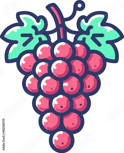 A bunch of cartoon grapes with green leaves.