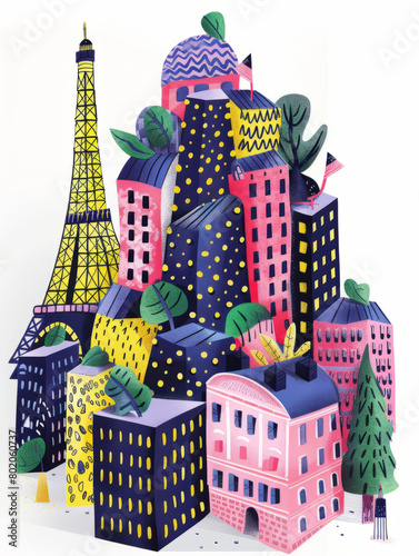 Paris city skyline cute colorful hand drawn style illustration