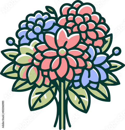 A simple line drawing of a bouquet of flowers. The flowers are pink, blue, and green.