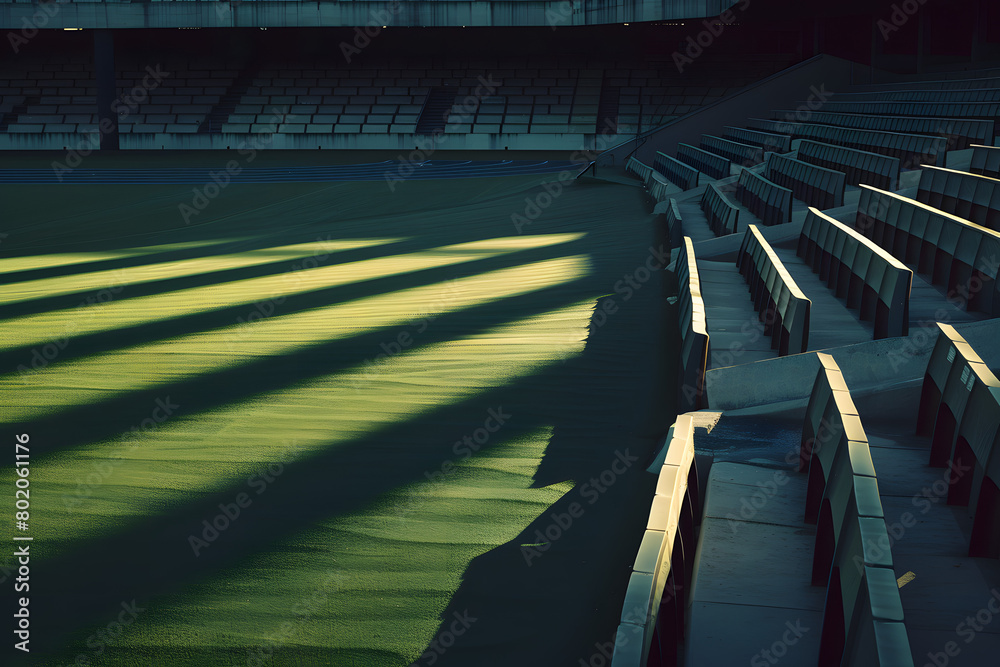 Obraz premium A serene moment in an empty football stadium at dawn, the morning light casting long shadows over the seating