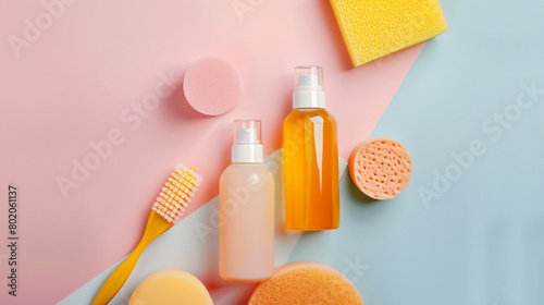 Bottles of cosmetic products sponge and massage brush