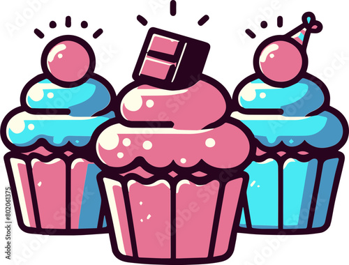 Three cupcakes with pink and blue frosting
