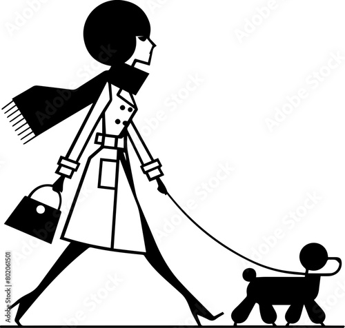 A black and white illustration of a woman walking a dog. The woman is wearing a coat, scarf, and high heels. The dog is a small poodle.