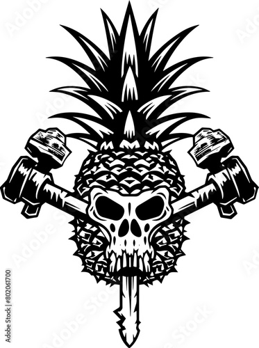 A pineapple skull with a wrenchs crossed behind it.