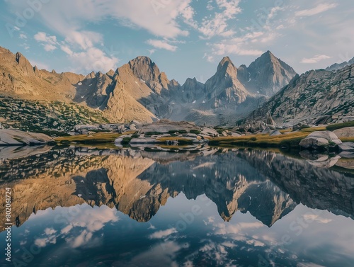 Mountain peak reflecting on lake water surface, AI-generated. © Wirestock