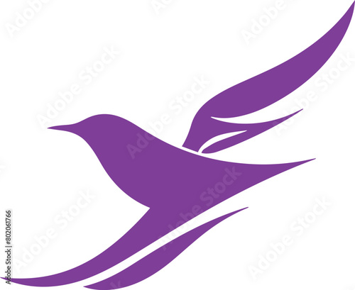 The image shows a purple bird with outstretched wings. The bird is facing the right of the viewer.