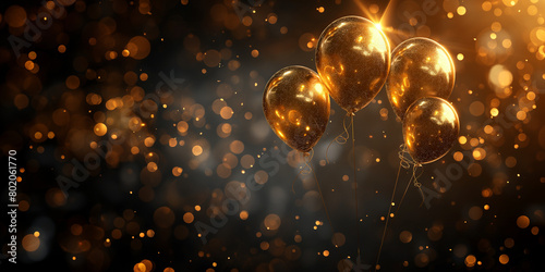Goldene Luftballons und Kugeln zu Weihnachten Jubiläum und Geburtstag im schönen Gold Bokeh dekoriert Querformat für Banner  photo