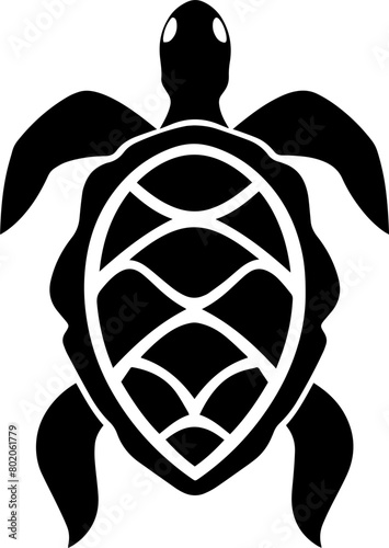 This image is a black and white silhouette of a sea turtle. The turtle is facing the viewer and has a detailed shell pattern. photo