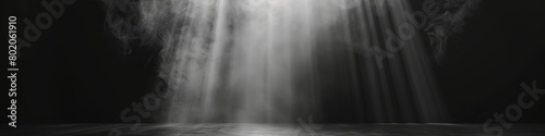 Shafts of light break through darkness in a serene, minimalist scene. Background. Wallpaper. Banner, space for text