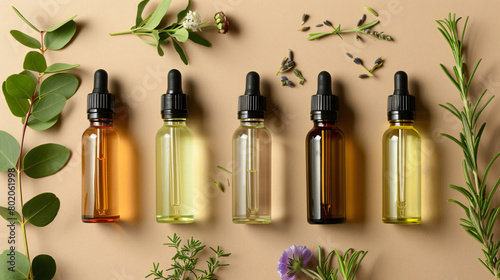 Bottles of essential oils and text NATURAL COSMETICS 