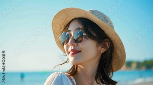 orean woman smile in a hat and sunglasses on the beach, wearing sunglasses and a hat © Denny