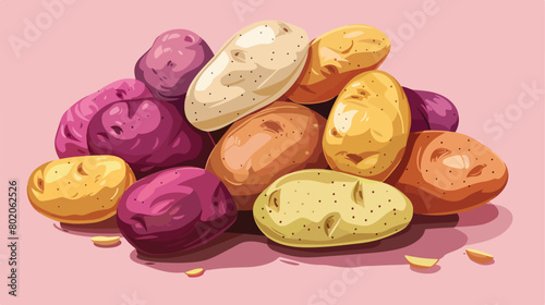 Heap of different raw potatoes on pink background Vector