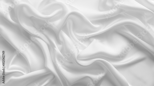 Elegant white satin fabric with gentle waves and folds, creating a smooth, modern background. Ideal for use as wallpaper or a backdrop for text and designs