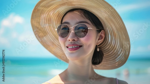 Asian woman with her hair in a bun wearing a hat and sun glasses smiling facing the camera  © Denny