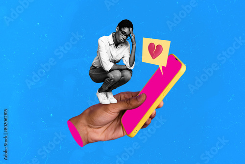 Composite collage illustration of young transgender girl heartbroken received stress message from boyfriend isolated on blue color background © deagreez