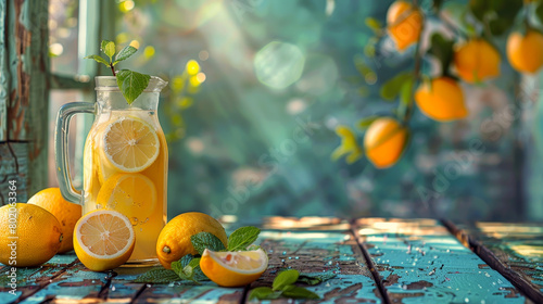 Refreshing lemonade in a glass pitcher surrounded by fresh lemons and mint on a rustic turquoise wooden table, copy space