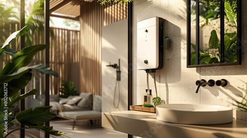 Modern external continuous flow gas water heater mounted on house wall