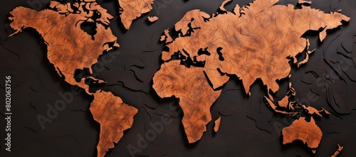 Wooden map of the world on black background