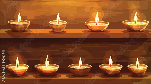 Holders with burning candles on wooden shelf in room