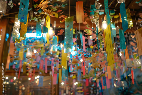 Photograph of a woman in a yukata, surrounded by Tanabata ornaments and nature elements. Japanese woman, Tanabata festival, bamboo, tanzaku.